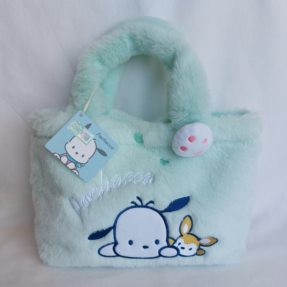 Sanrio x Miniso Pochacco Fluffy Fuzzy Mini Tote Top Handles Y2K Mint Green NWT